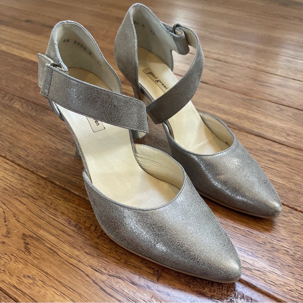 Paul Green Metallic Silver Ankle Strap Heels